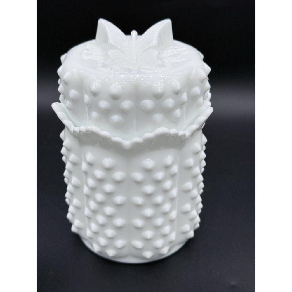 Fenton White Milk Glass Hobnail Jar With A Butterfly Lid And Scalloped Edge Mint